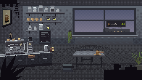 The same room with the lights on, the machine running and a coffee on the table