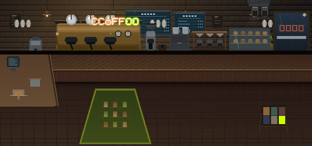 The back bar with the machine, the grinder, the brewer and the pastry case on it