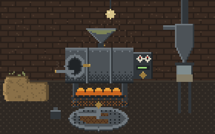 The drum, the burner under it, the cyclone up the wall and a pan of roast cooling