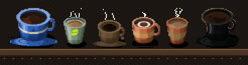Six cups from the collection standing on the pass, waiting to be made